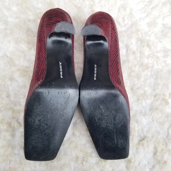 Suede & Snake Print Pumps Size 9.5 Square Cap Toe Dark Red Leather Heels Proxy - Picture 10 of 13